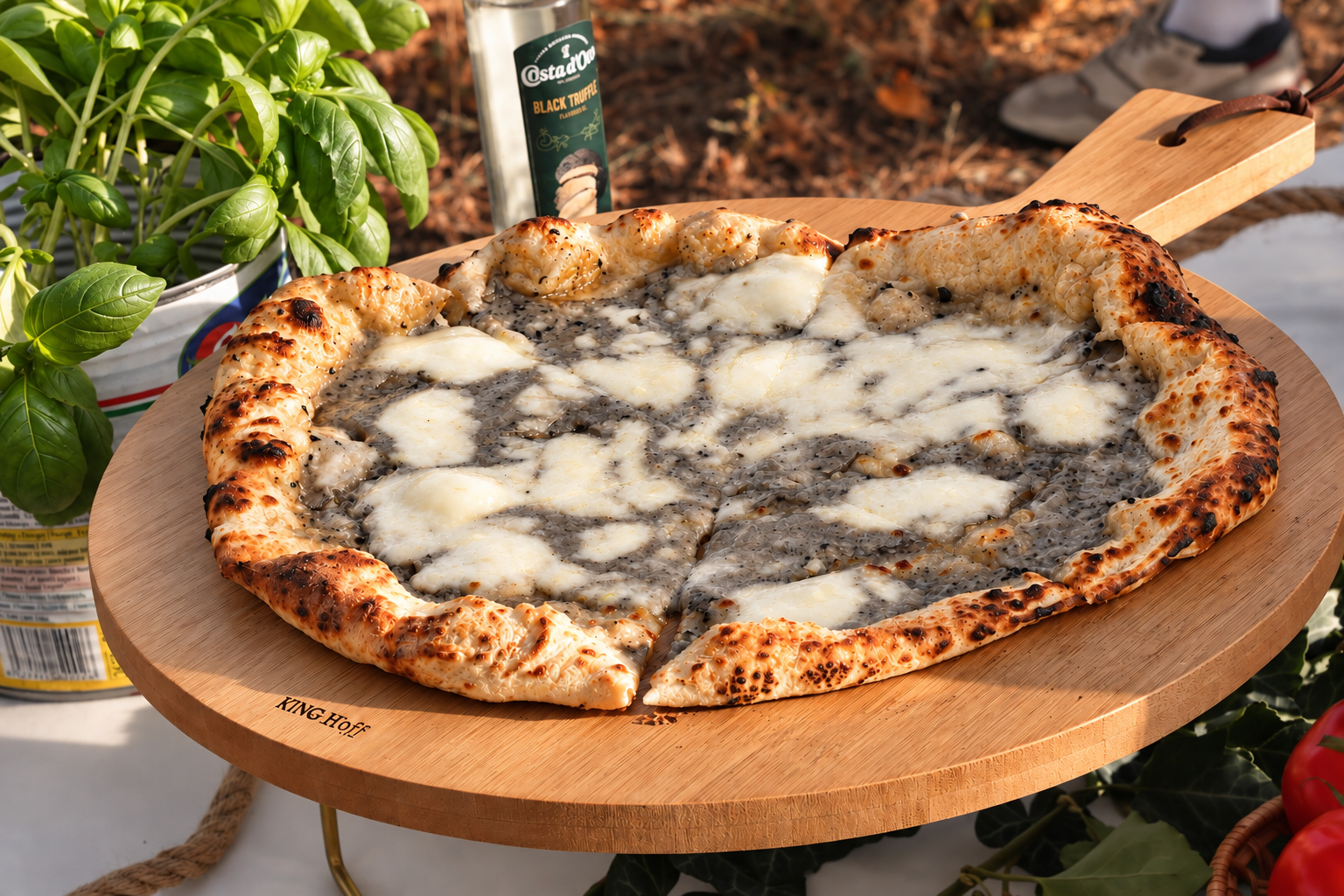 Frissen sült pizza fatálon a kertben